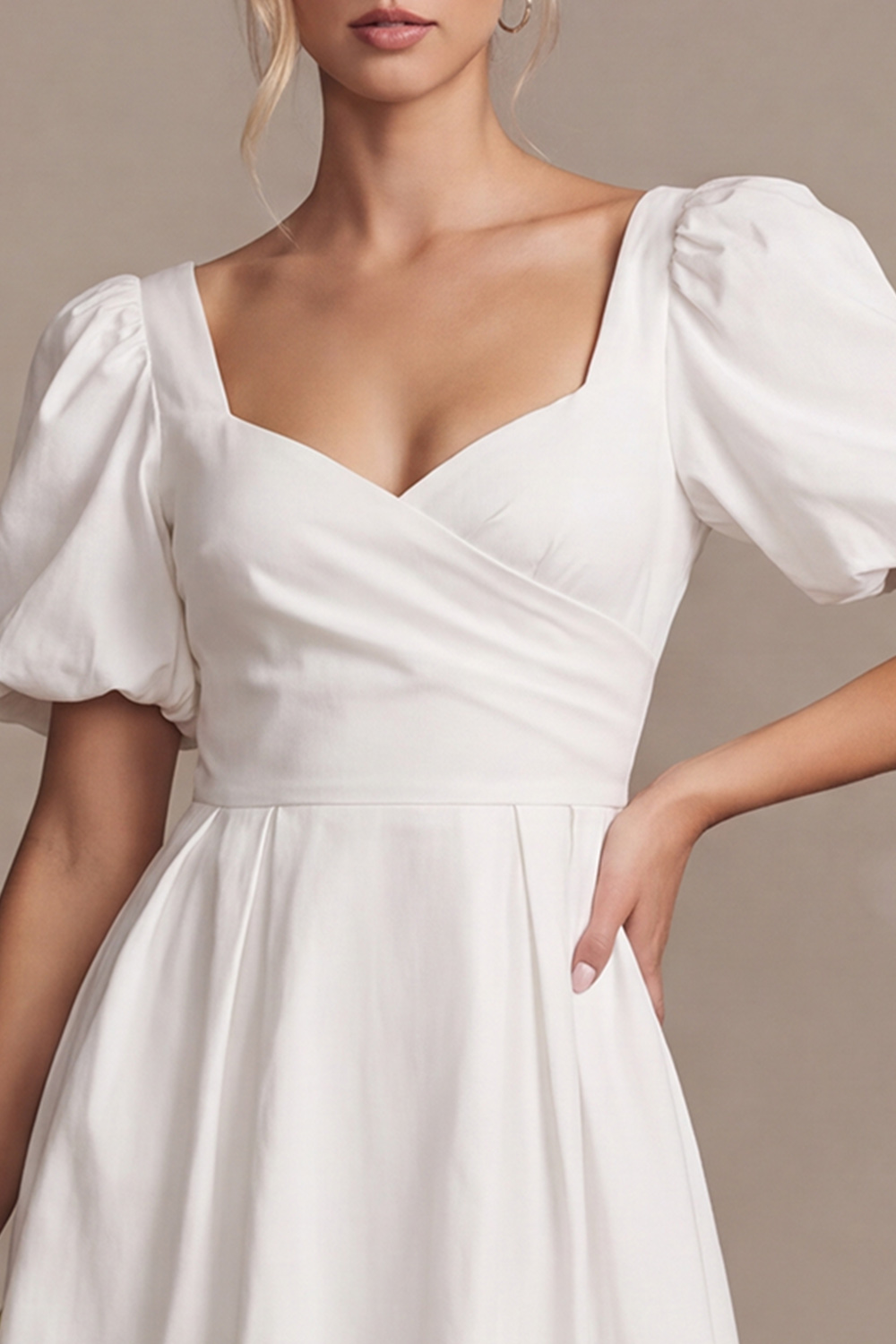 White A-Line V Neck Puff Sleeves Short Simple Wedding Dress