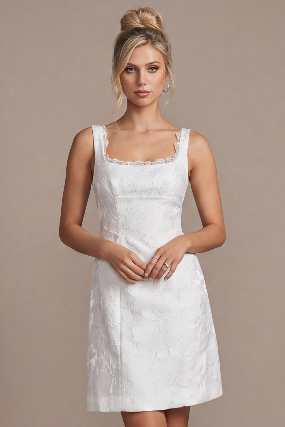 White Bodycon Square Neck Floral Short Wedding Dress with Lace