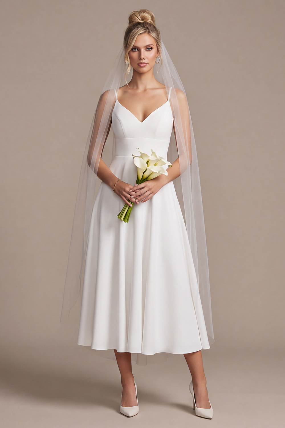 White A-Line V-Neck Satin Tea-Length Wedding Dress