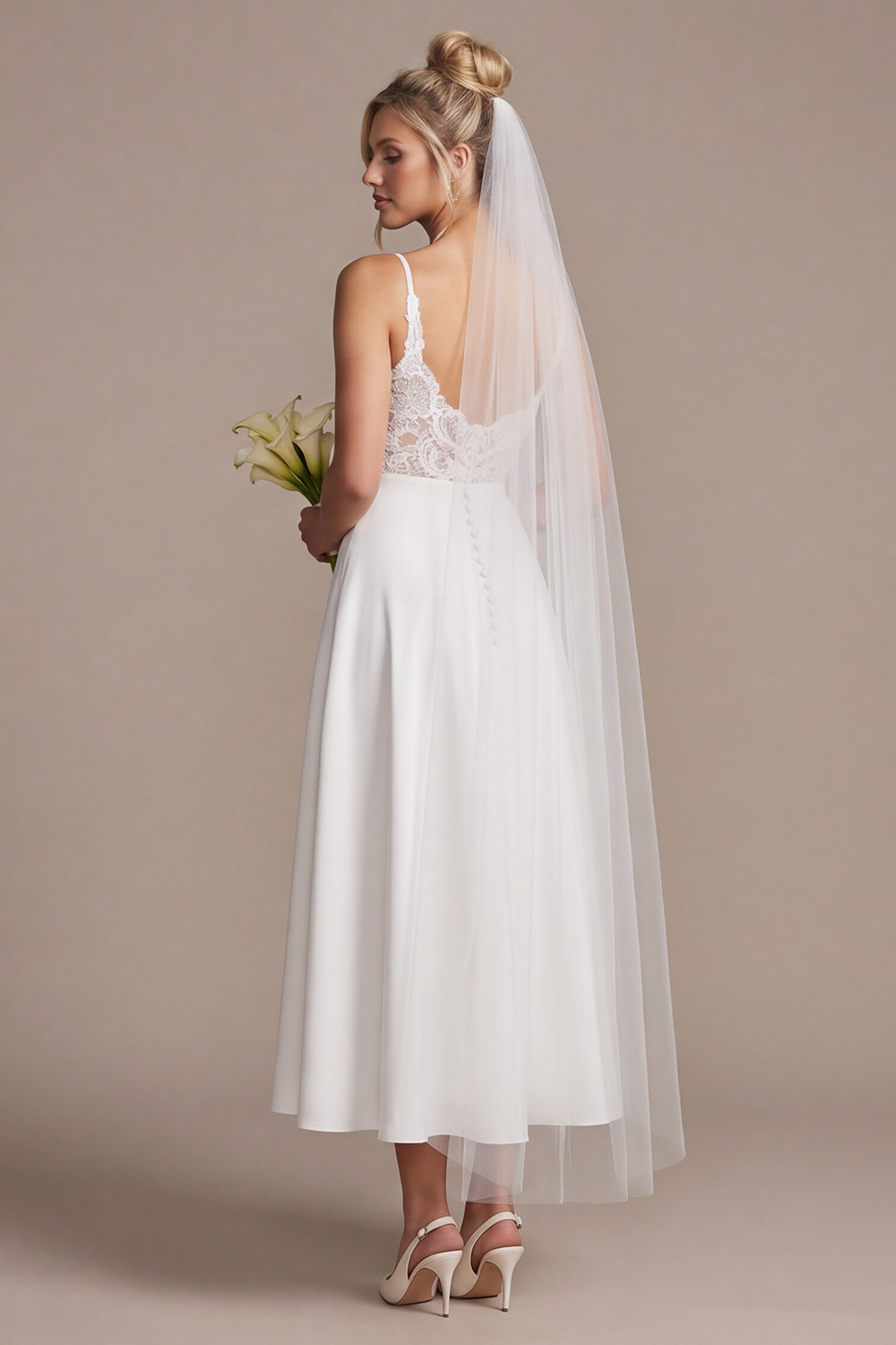 White A-Line V-Neck Satin Tea-Length Wedding Dress