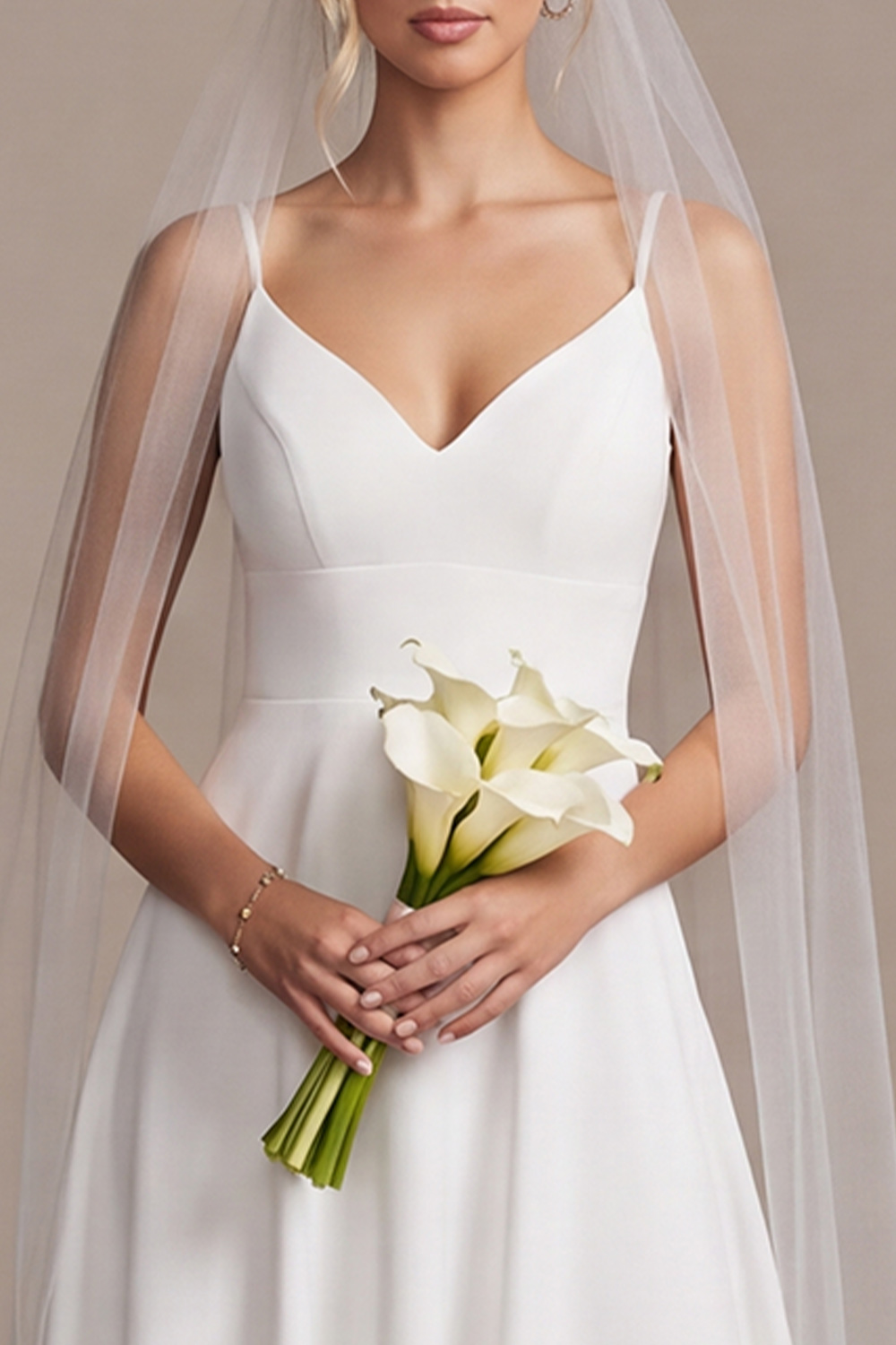 White A-Line V-Neck Satin Tea-Length Wedding Dress