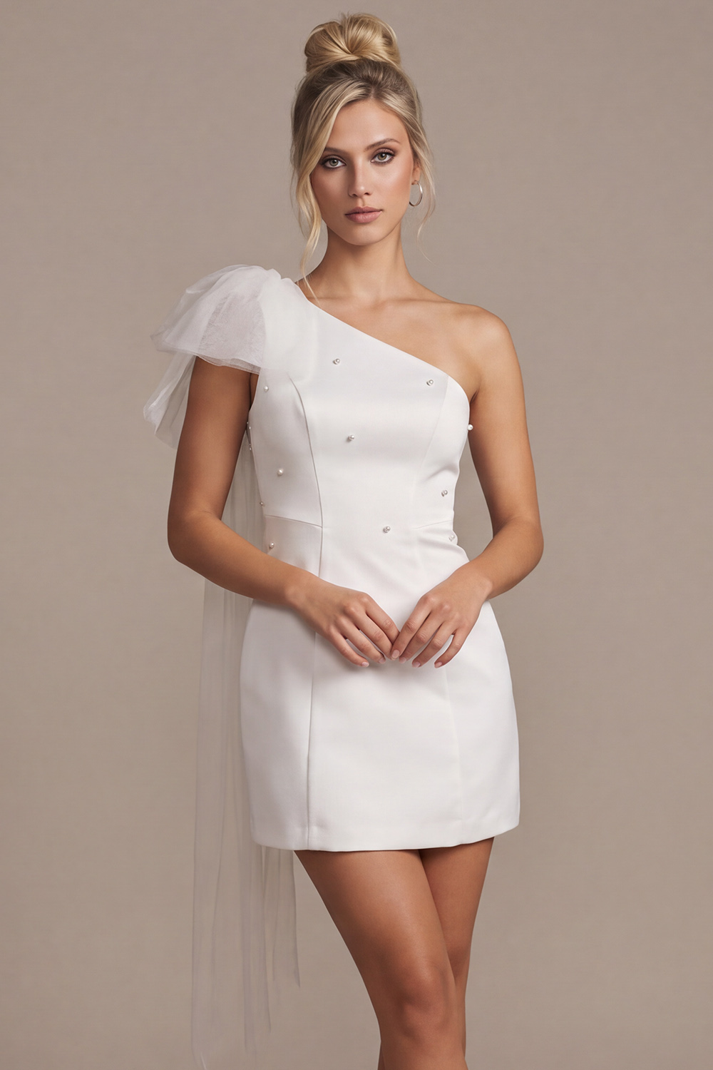 White Bodycon One Shoulder Mini Wedding Dress with pearls