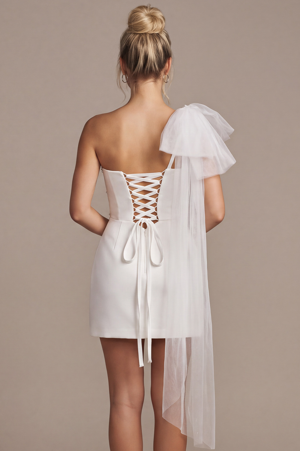 White Bodycon One Shoulder Mini Wedding Dress with pearls