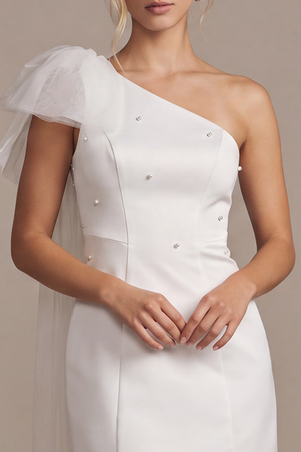 White Bodycon One Shoulder Mini Wedding Dress with pearls