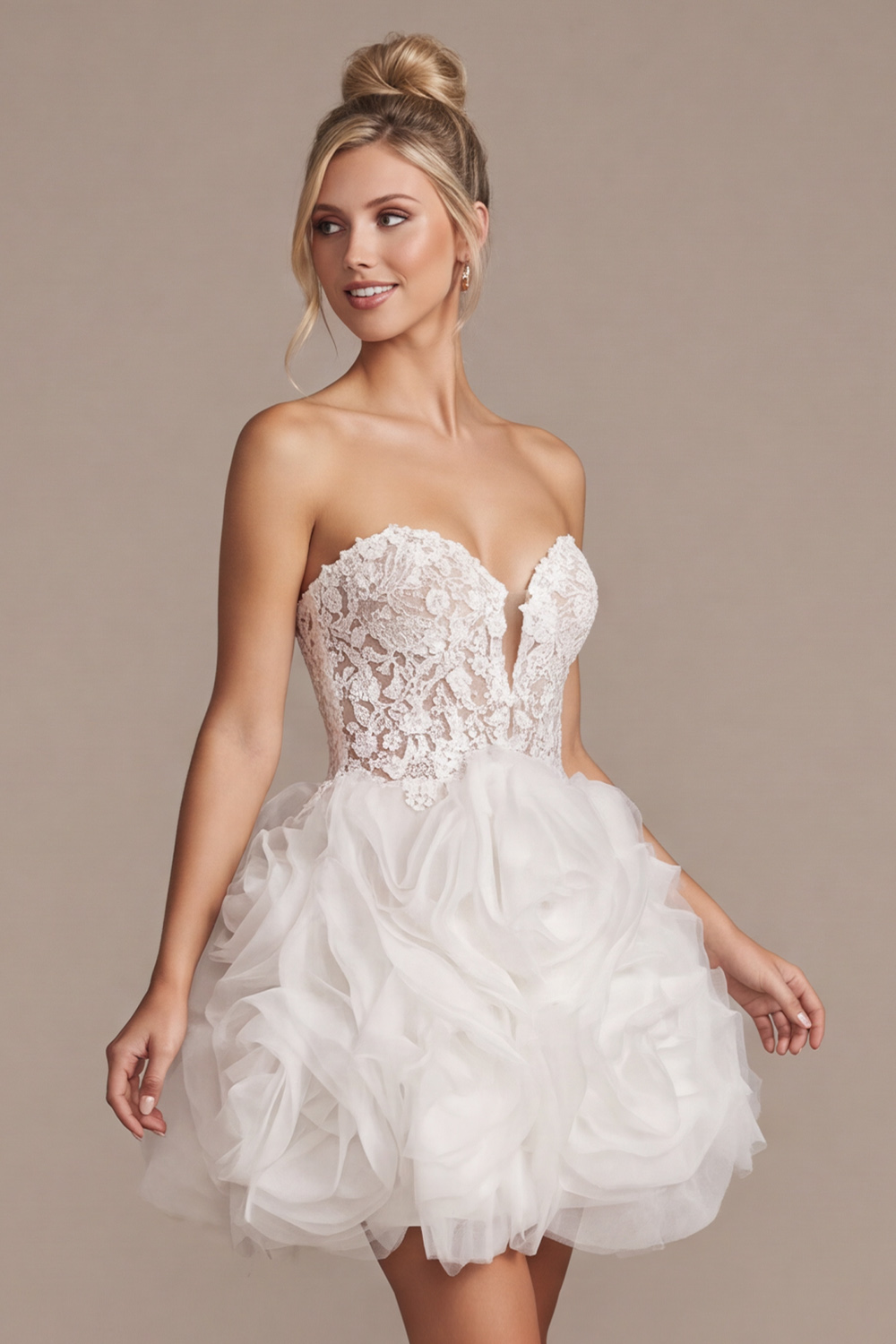 White Floral Sweetheart A Line Ruffled Mini Wedding Dress  with Lace