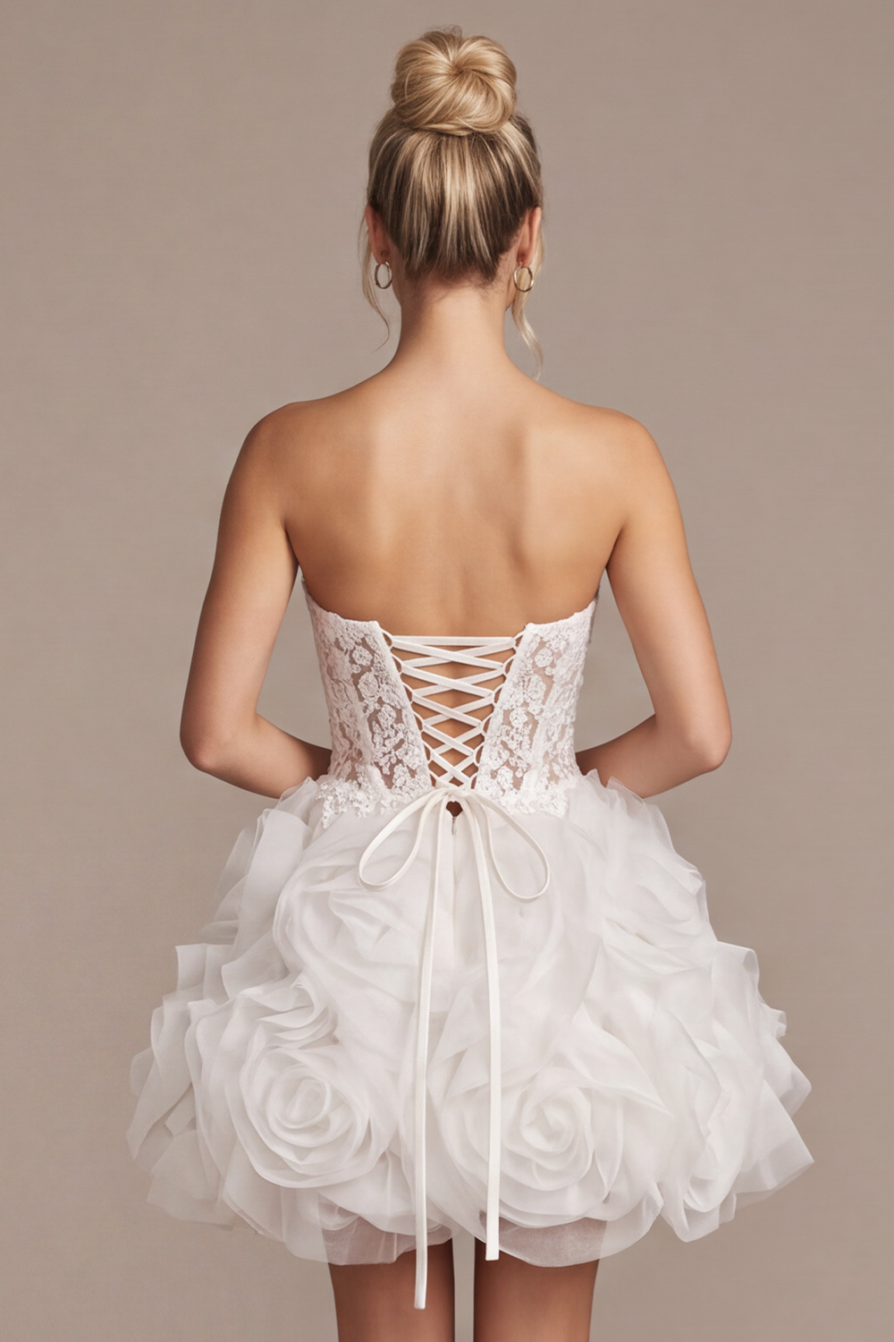 White Floral Sweetheart A Line Ruffled Mini Wedding Dress  with Lace
