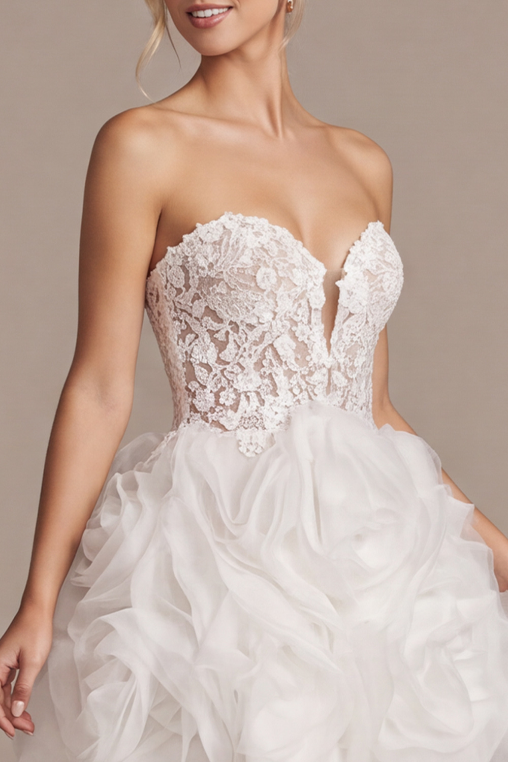 White Floral Sweetheart A Line Ruffled Mini Wedding Dress  with Lace
