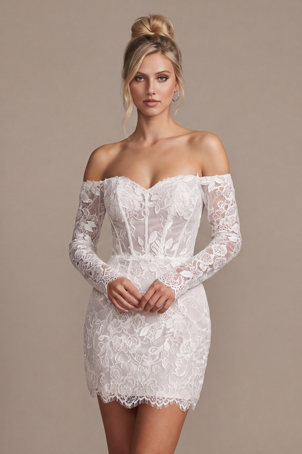White Corset Bodycon Off the Shoulder Short Lace Wedding Dress
