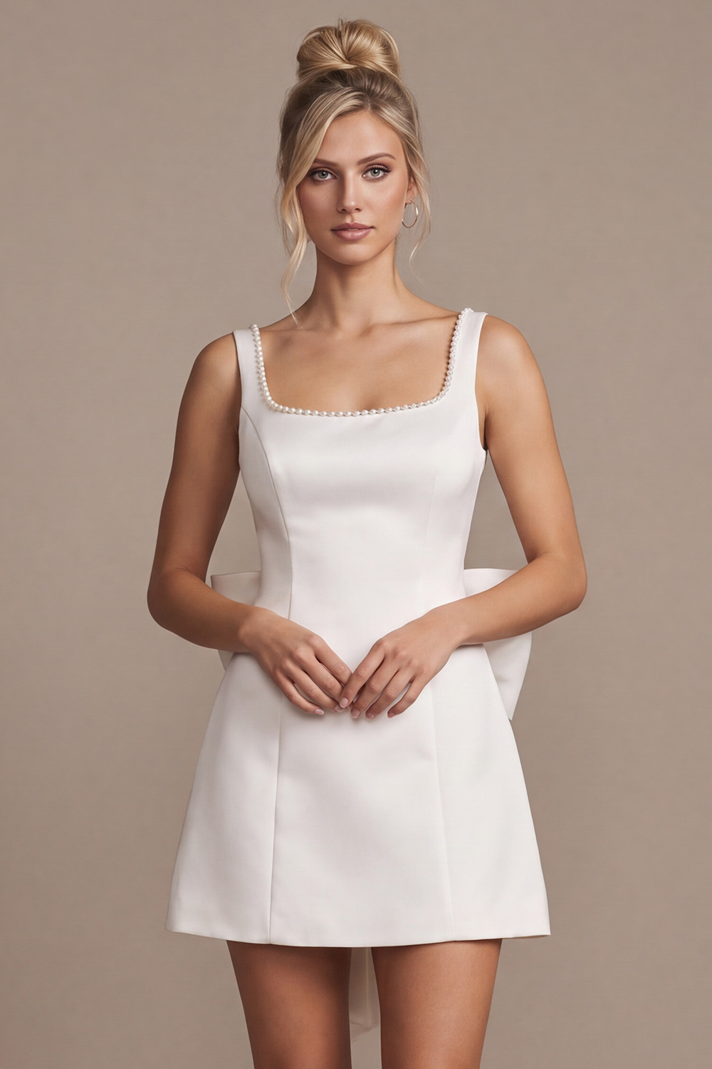 White A Line Square Neck Short Wedding Dress with Bow
