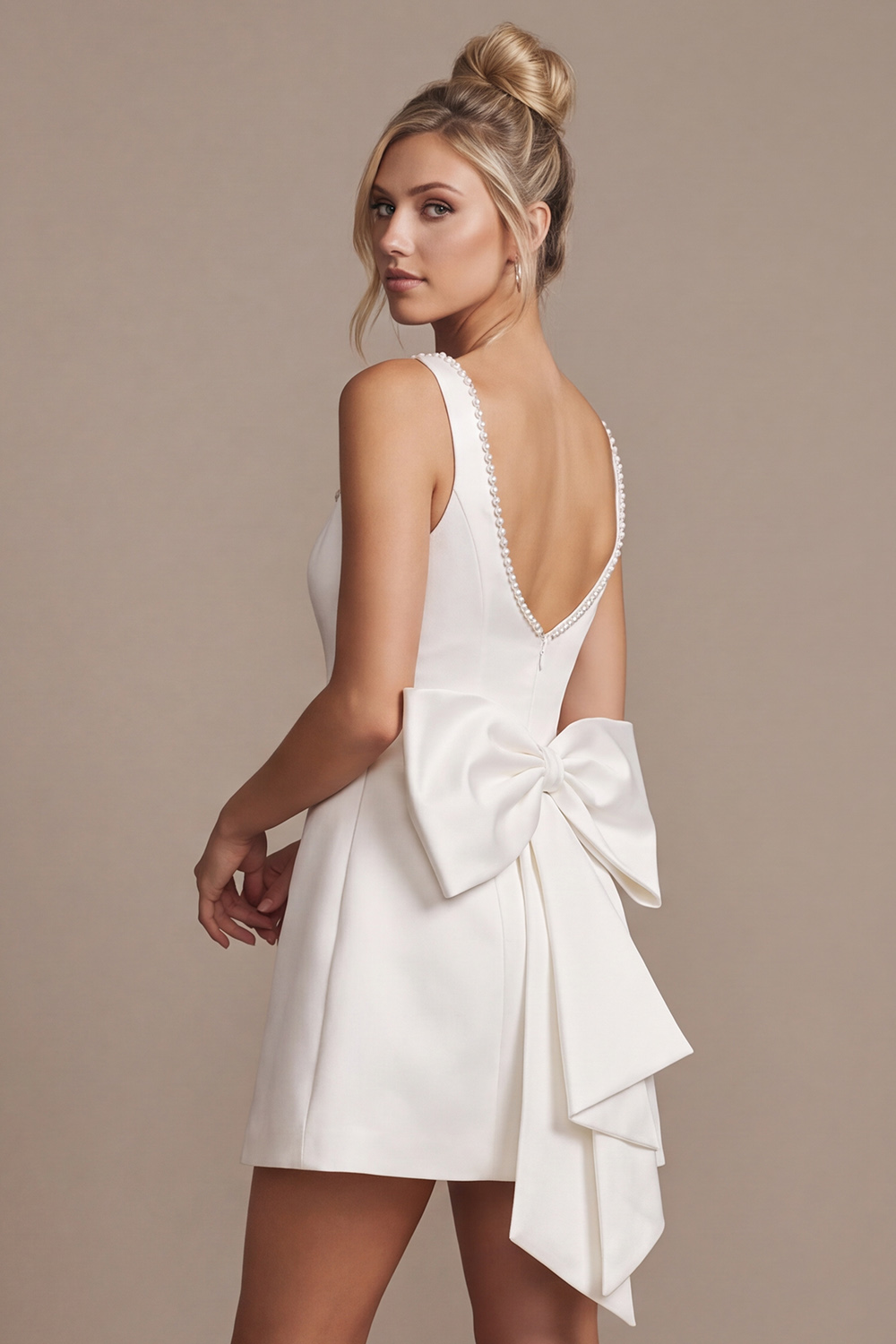 White A Line Square Neck Short Wedding Dress with Bow