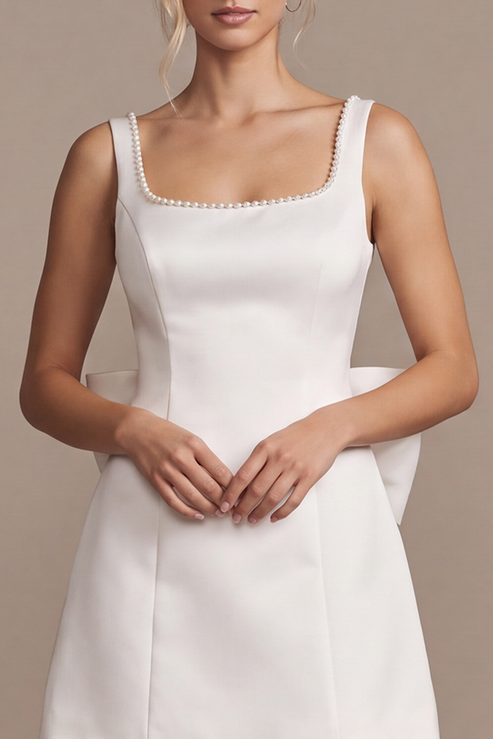 White A Line Square Neck Short Wedding Dress with Bow