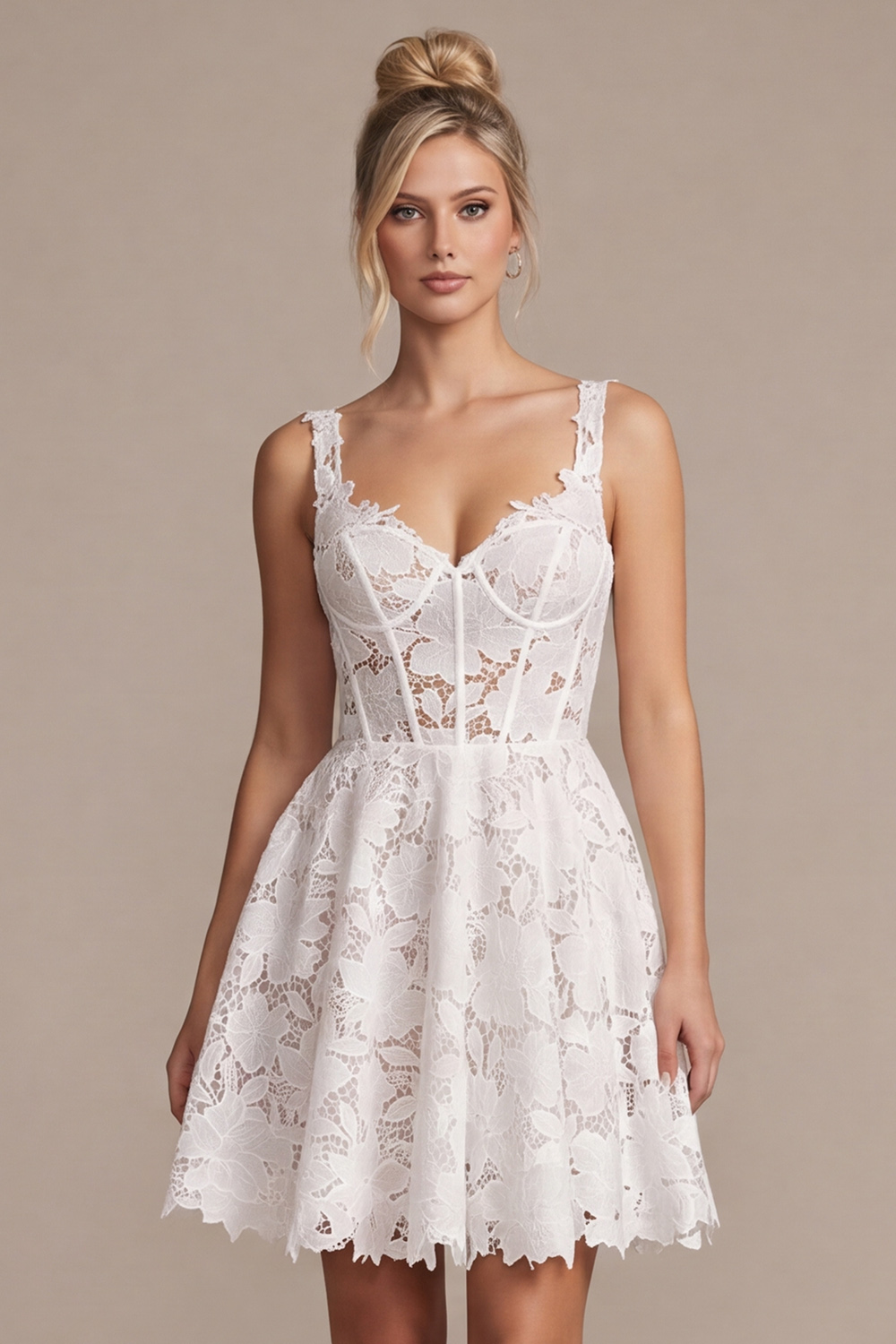 White Corset A-Line Short  Lace Wedding Dress 