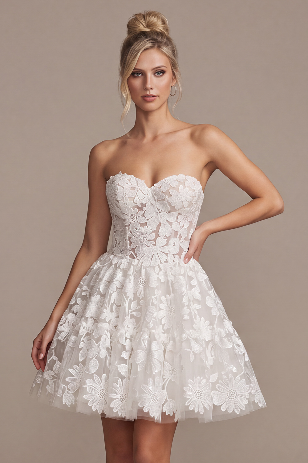 White A-Line Strapless Floral Short Lace Corset Wedding Dress