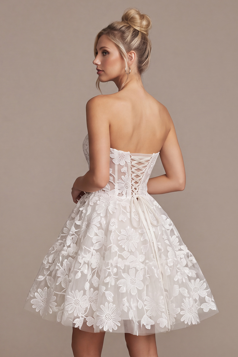 White A-Line Strapless Floral Short Lace Corset Wedding Dress