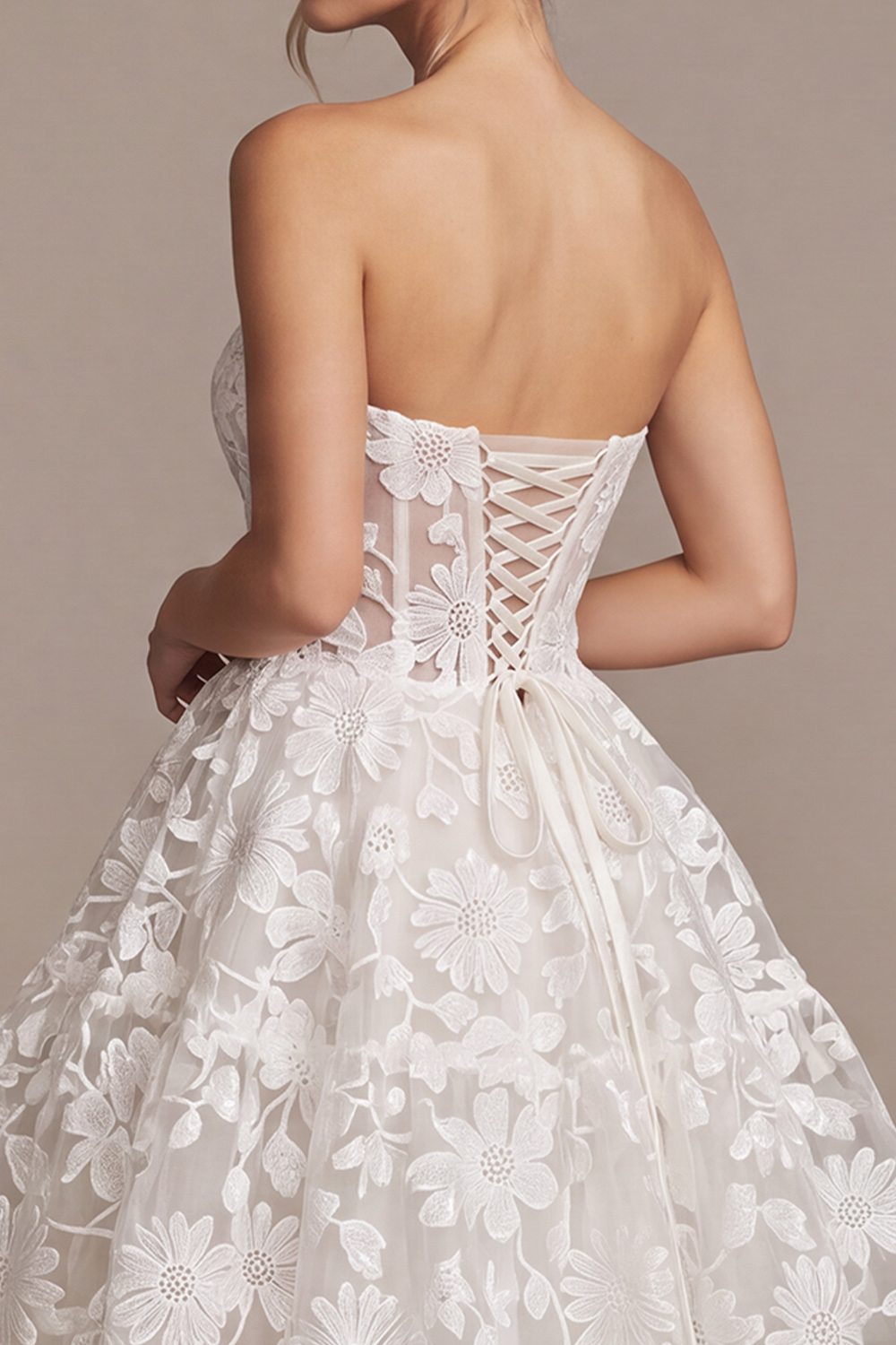 White A-Line Strapless Floral Short Lace Corset Wedding Dress