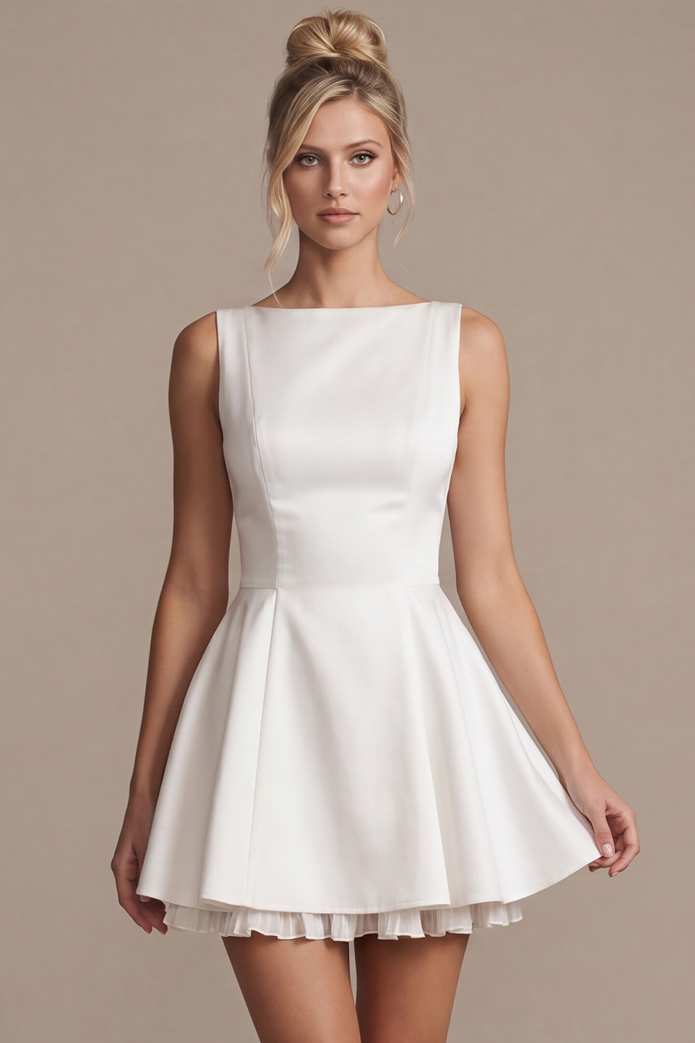 White A-Line Boat Neck Mini Wedding Dress with Bow