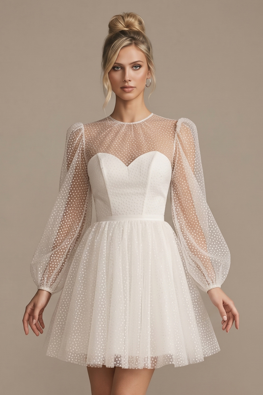 White A-Line Puff Sleeves Short Wedding Dress