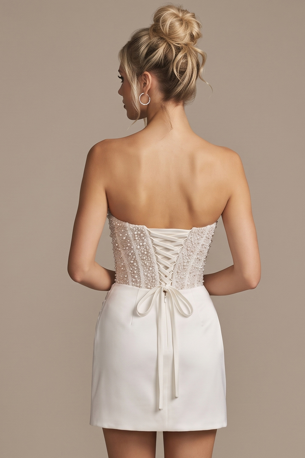 White Corset Bodycon Short Ruched Wedding Dress with Pearls