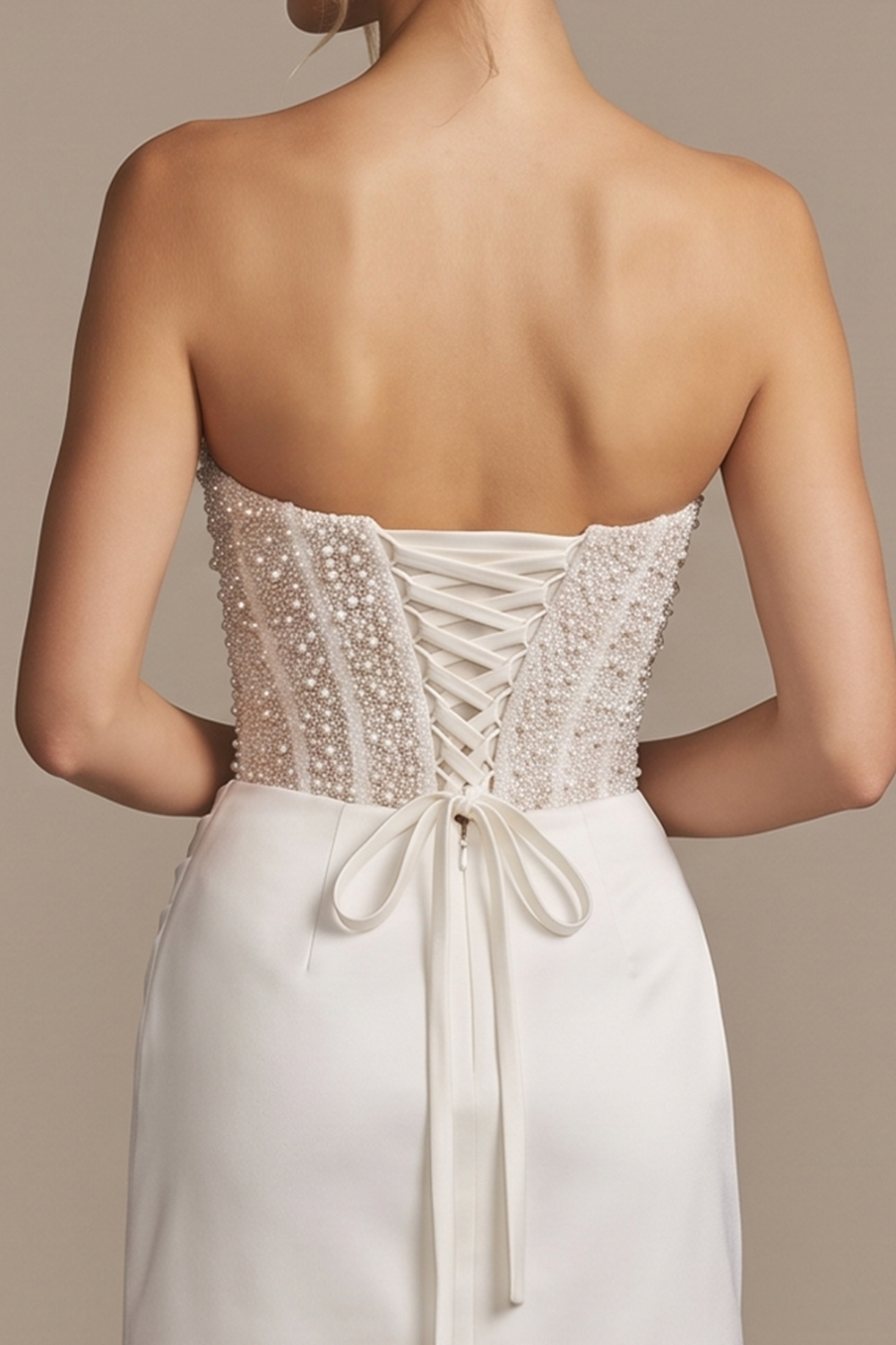 White Corset Bodycon Short Ruched Wedding Dress with Pearls