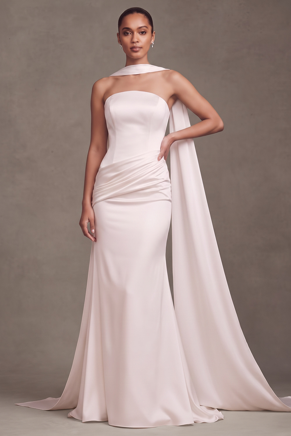 White Satin Mermaid Strapless Ruched Satin Beach Wedding Dress with Neck Scarf