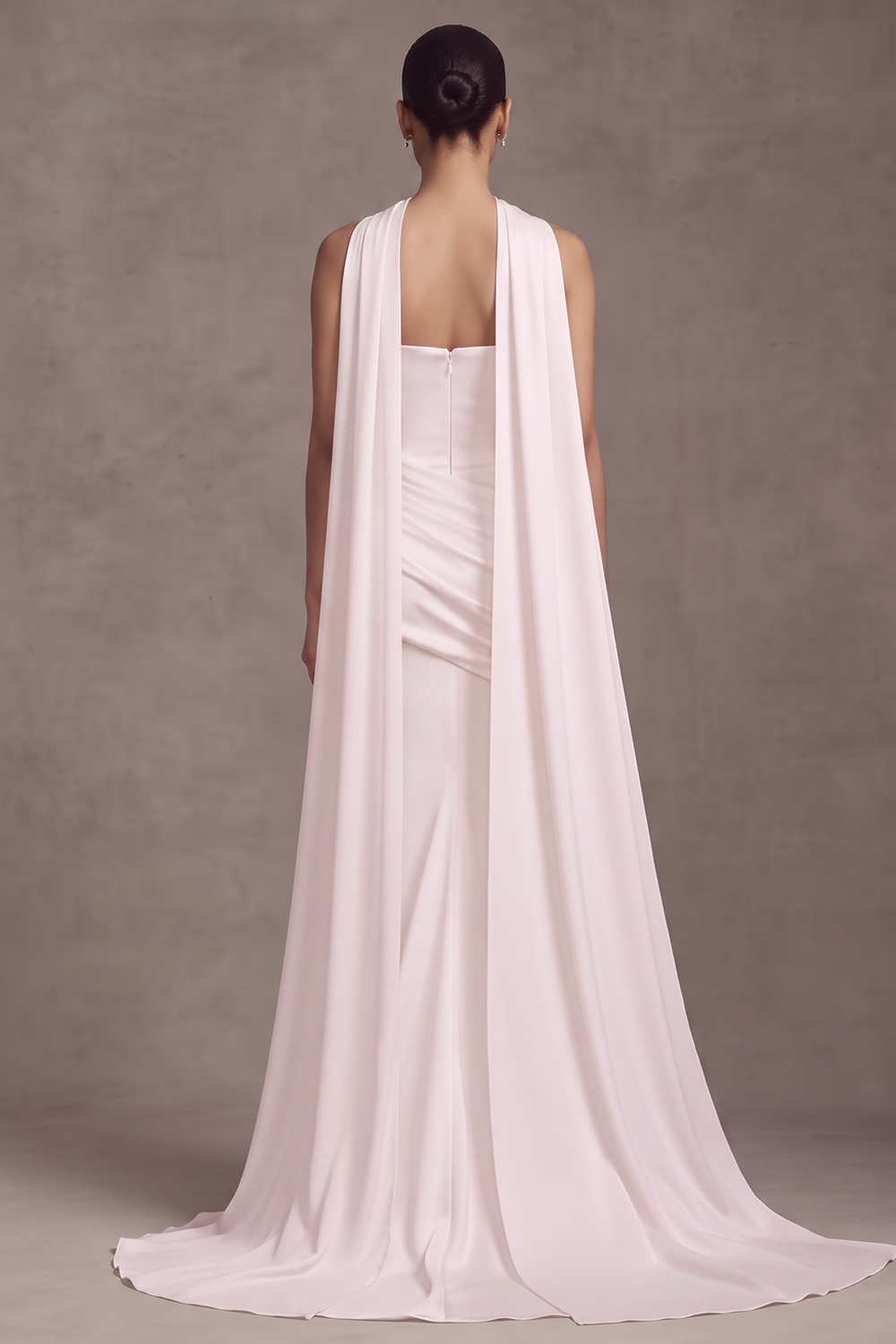 White Satin Mermaid Strapless Ruched Satin Beach Wedding Dress with Neck Scarf