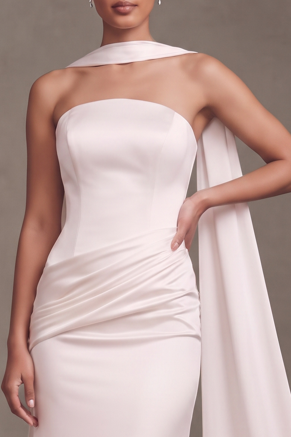 White Satin Mermaid Strapless Ruched Satin Beach Wedding Dress with Neck Scarf