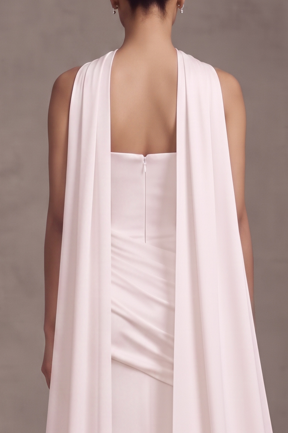 White Satin Mermaid Strapless Ruched Satin Beach Wedding Dress with Neck Scarf