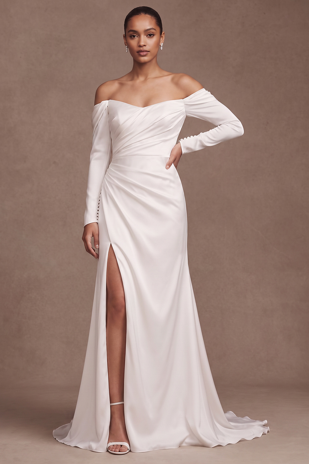 White Sheath Off the Shoulder Ruched Long Sleeves Wedding Dress with Slit