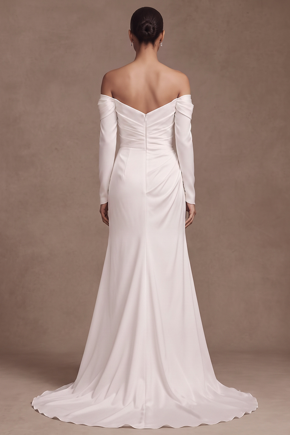 White Sheath Off the Shoulder Ruched Long Sleeves Wedding Dress with Slit