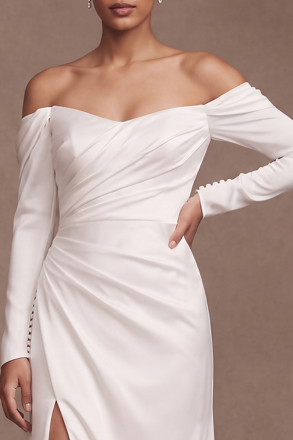 White Sheath Off the Shoulder Ruched Long Sleeves Wedding Dress with Slit