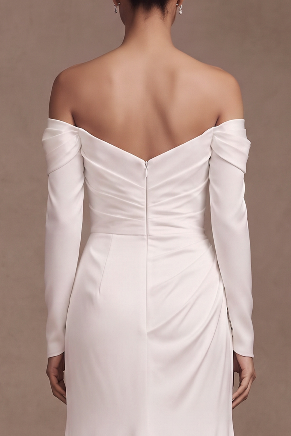 White Sheath Off the Shoulder Ruched Long Sleeves Wedding Dress with Slit