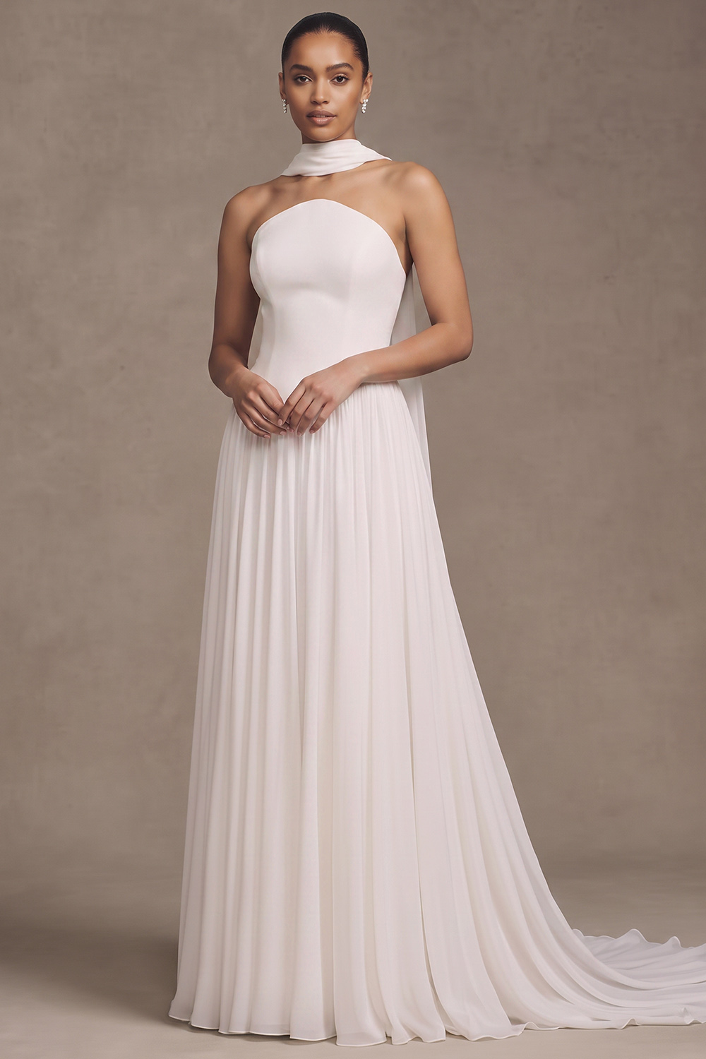 White A-Line Strapless Pleated Sweep Train Chiffon Beach Wedding Dress
