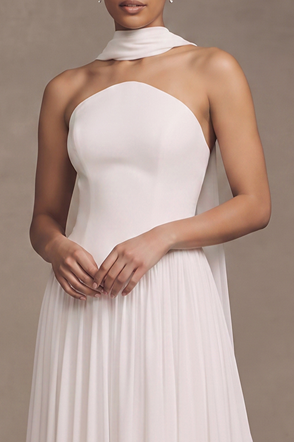 White A-Line Strapless Pleated Sweep Train Chiffon Beach Wedding Dress