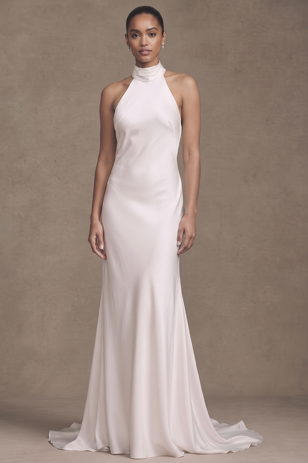 White Satin Mermaid High Neck Sweep Train Satin Wedding Dress