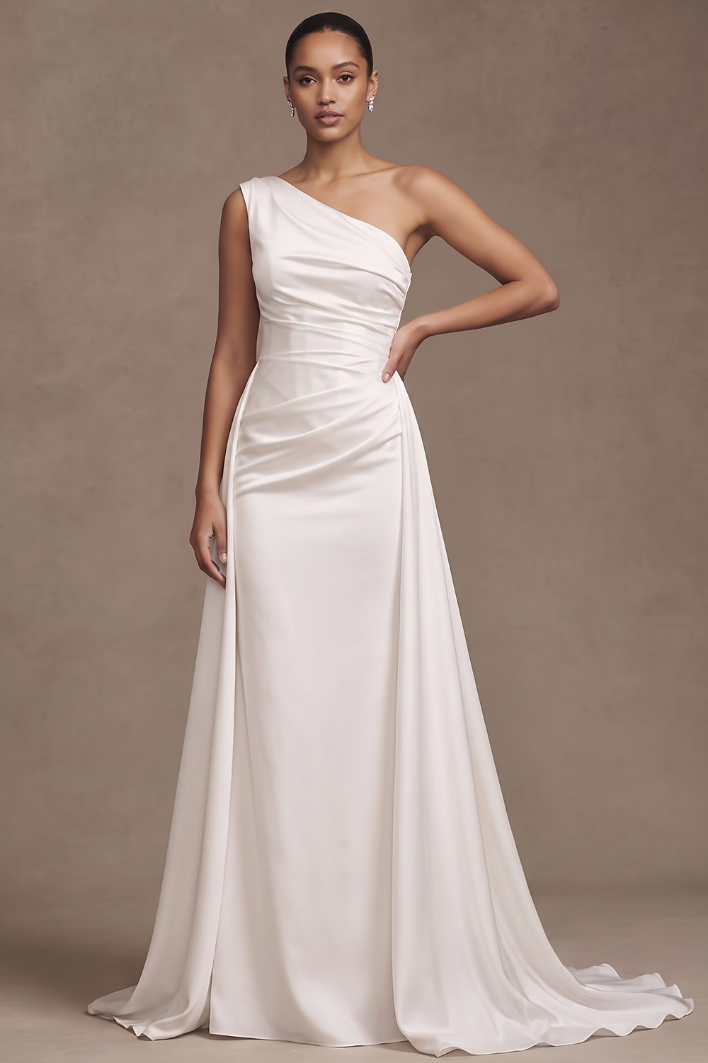 White Sheath One Shoulder Ruched Sweep Train Wedding Dress