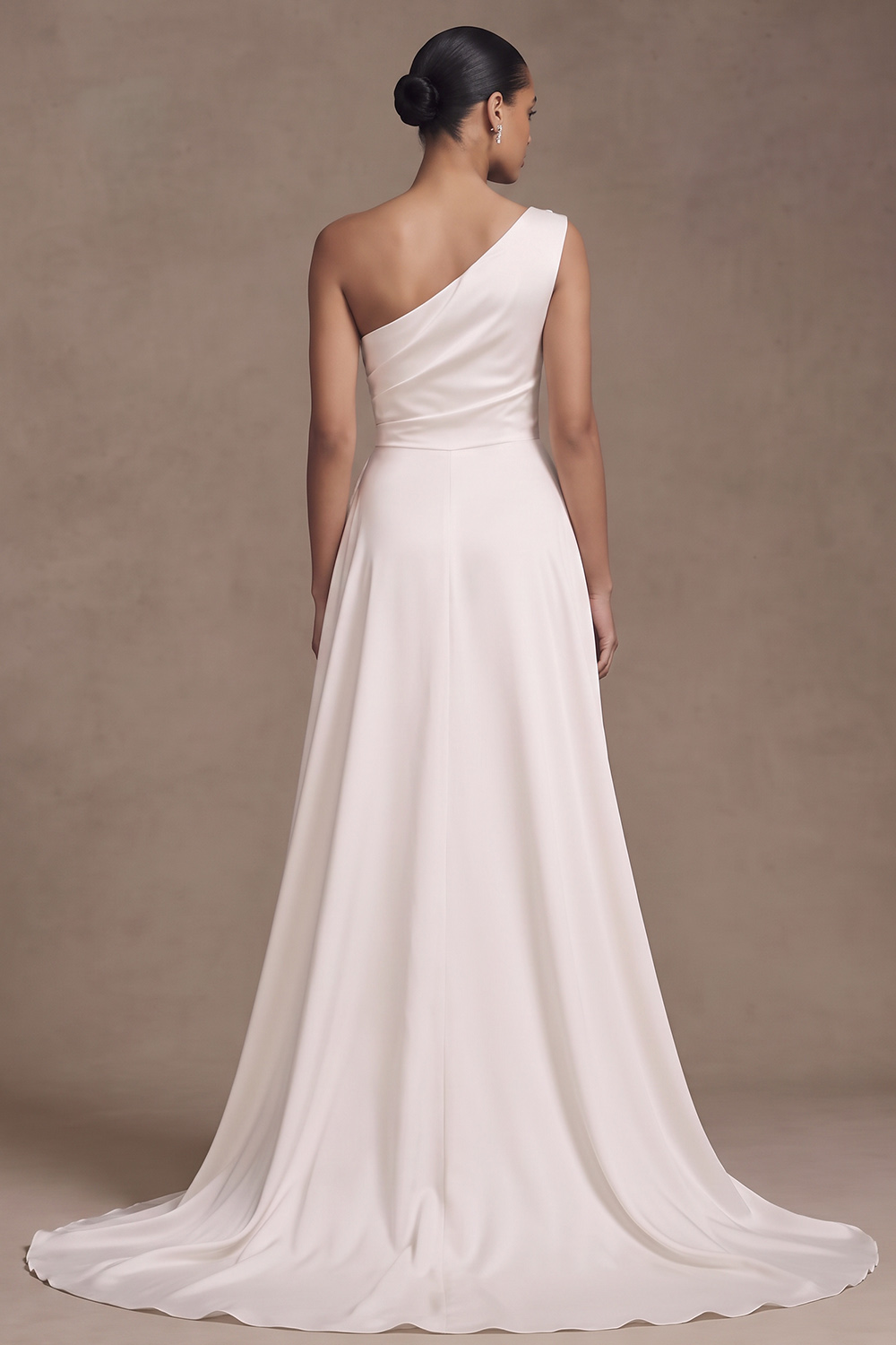 White Sheath One Shoulder Ruched Sweep Train Wedding Dress