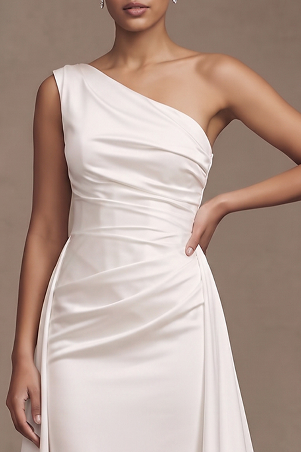 White Sheath One Shoulder Ruched Sweep Train Wedding Dress