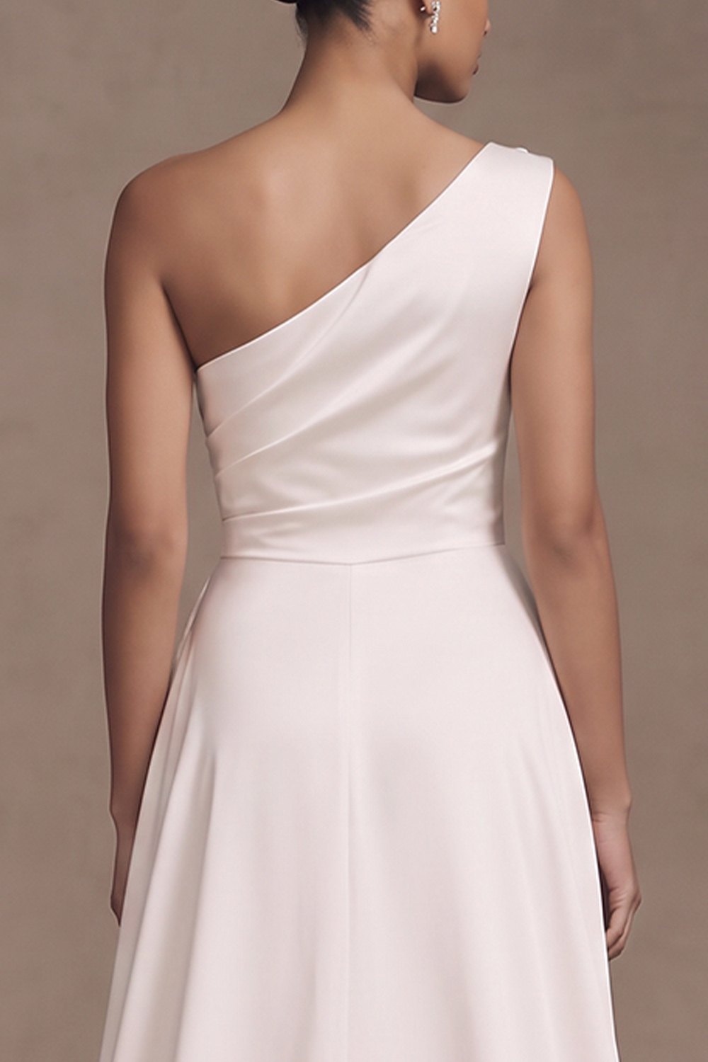 White Sheath One Shoulder Ruched Sweep Train Wedding Dress