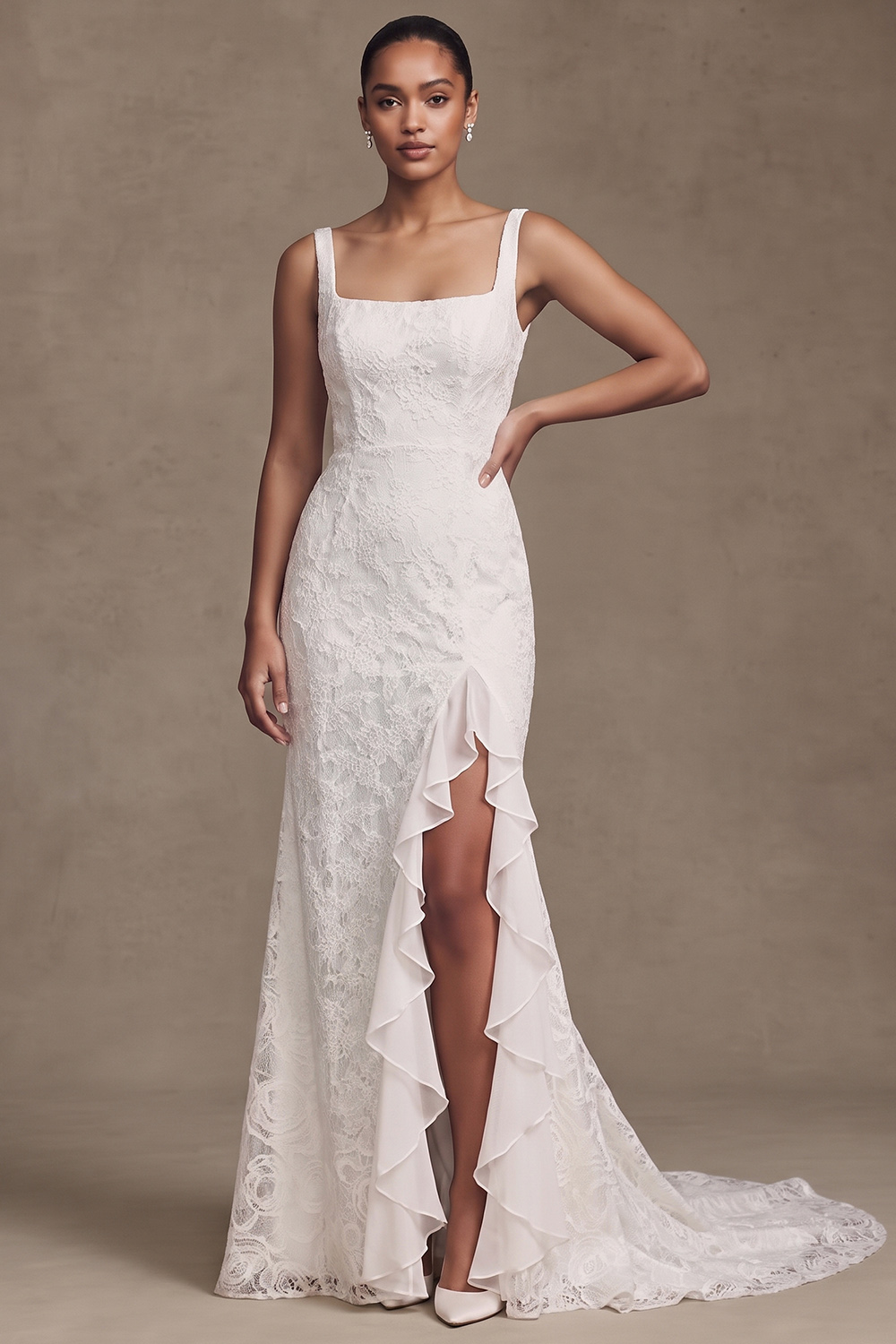 White Sheath Square Neck Ruffled Sweep Train Wedding Dress with Slit