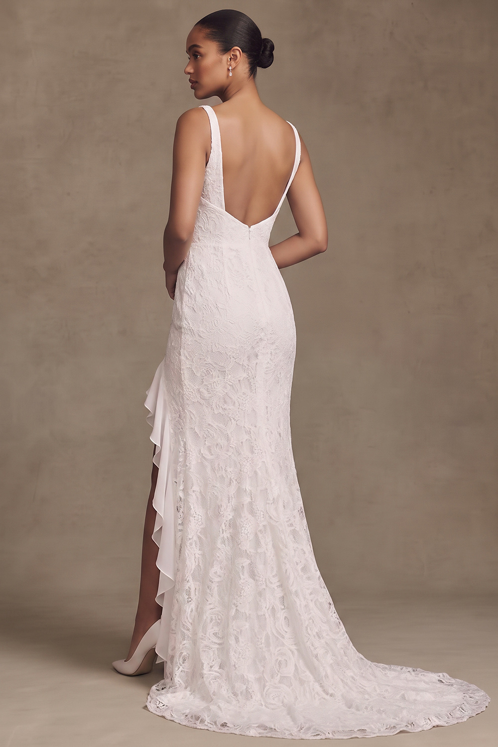 White Sheath Square Neck Ruffled Sweep Train Wedding Dress with Slit