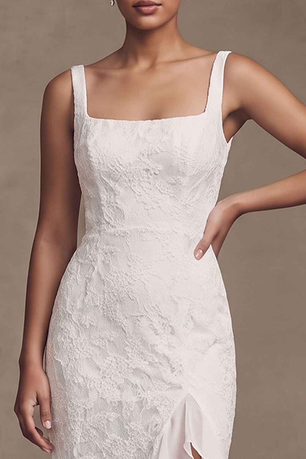 White Sheath Square Neck Ruffled Sweep Train Wedding Dress with Slit