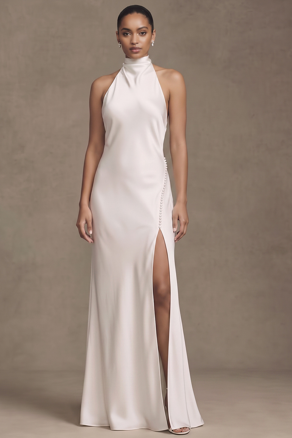 White Satin Sheath Halter Backless Satin Wedding Dress with Covered Button