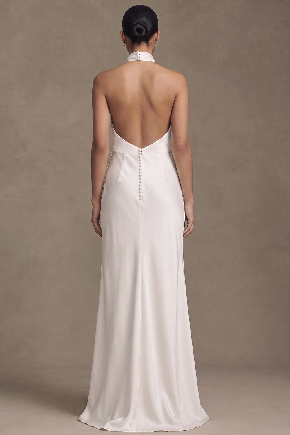 White Satin Sheath Halter Backless Satin Wedding Dress with Covered Button