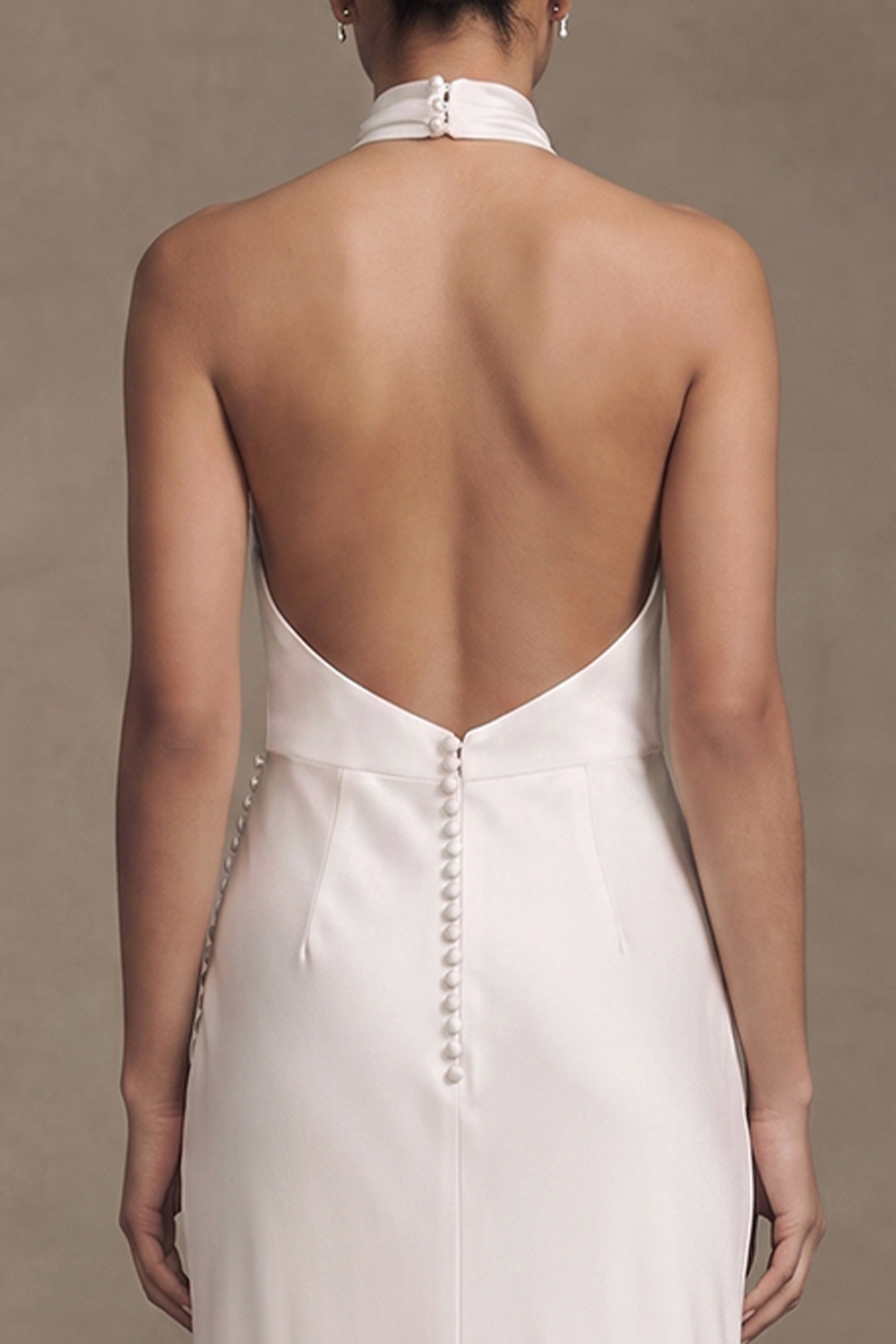 White Satin Sheath Halter Backless Satin Wedding Dress with Covered Button