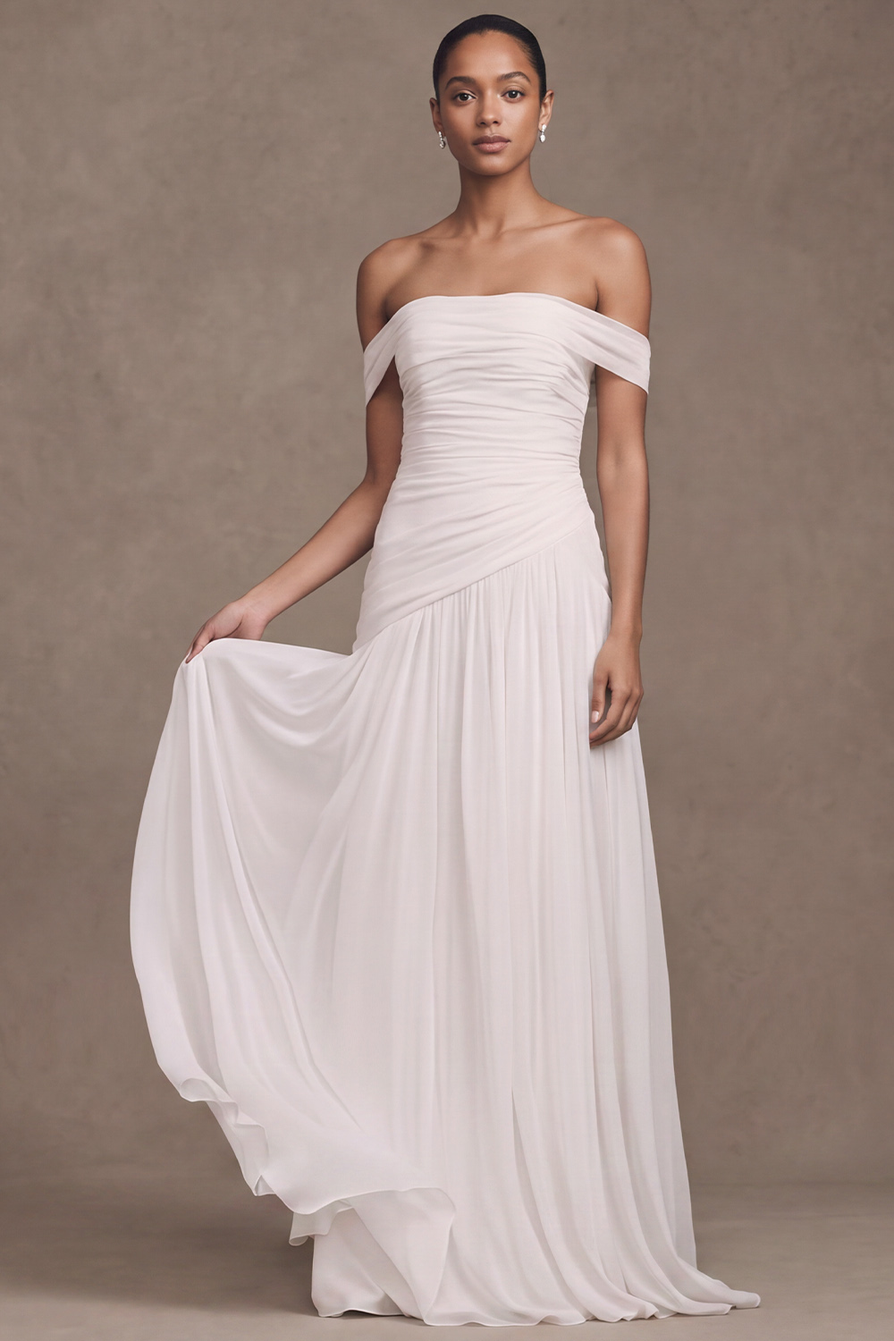 White A-Line Off the Shoulder Ruched Sweep Train Beach Wedding Dress