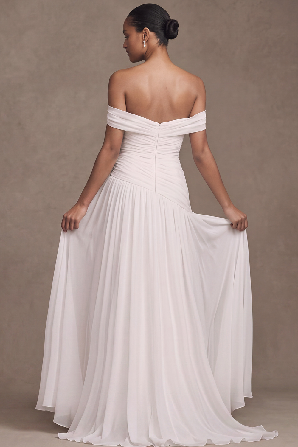 White A-Line Off the Shoulder Ruched Sweep Train Beach Wedding Dress