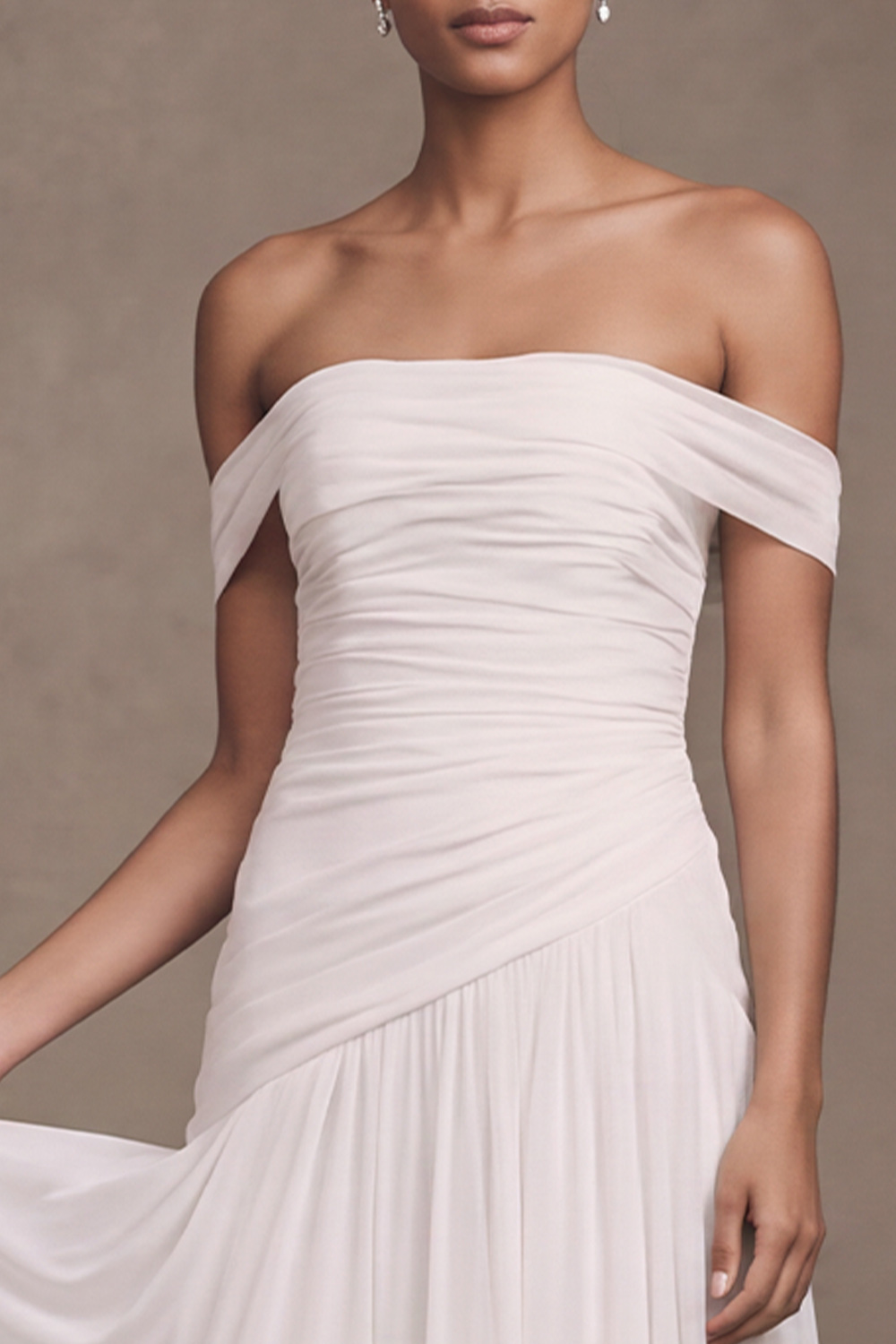 White A-Line Off the Shoulder Ruched Sweep Train Beach Wedding Dress