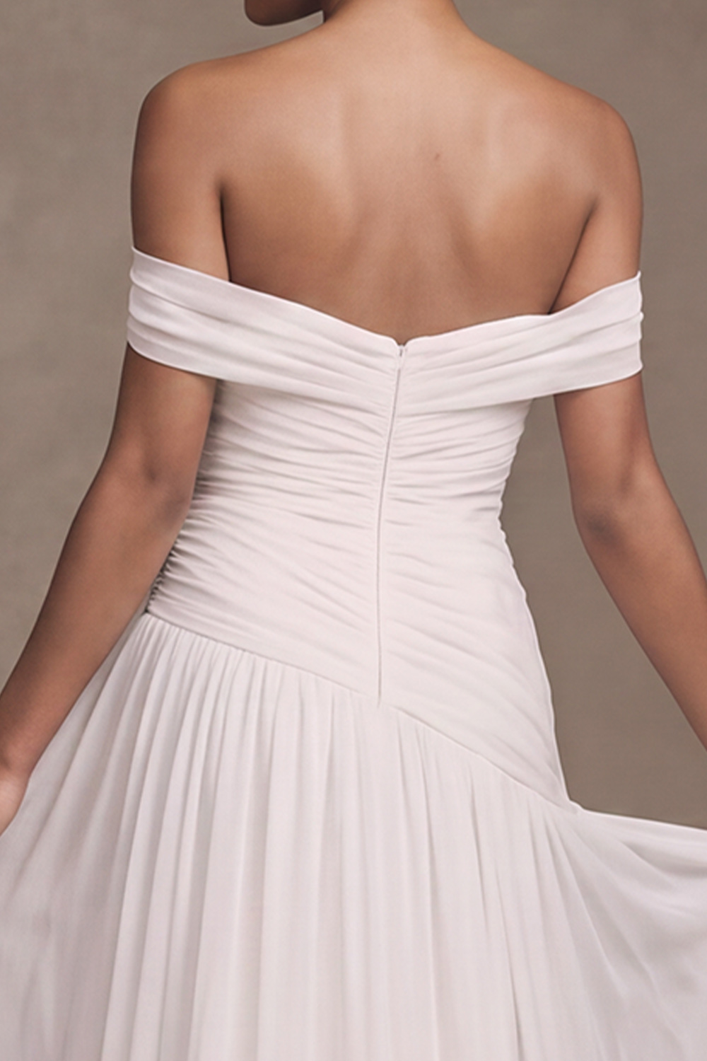 White A-Line Off the Shoulder Ruched Sweep Train Beach Wedding Dress