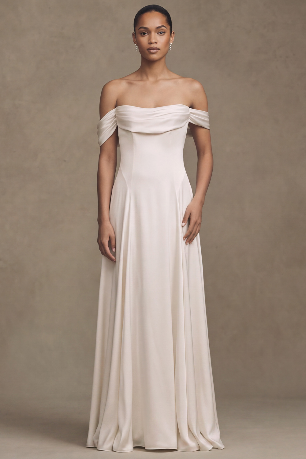 White A-Line Off the Shoulder Draped Sweep Train Wedding Dress