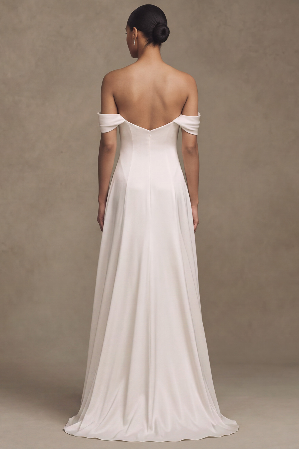 White A-Line Off the Shoulder Draped Sweep Train Wedding Dress